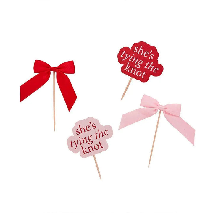 Pink & Red Bow Cupcake Toppers - She’s Tying The Knot Hen Party Food Picks - Coquette Hen Do Cake Decorations - Hootyballoo - Pack Of 12 - Jolie Fete UK