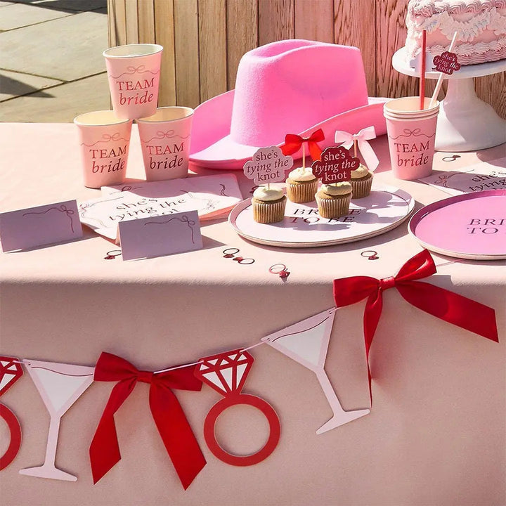 Pink & Red Bow Cupcake Toppers - She’s Tying The Knot Hen Party Food Picks - Coquette Hen Do Cake Decorations - Hootyballoo - Pack Of 12 - Jolie Fete UK