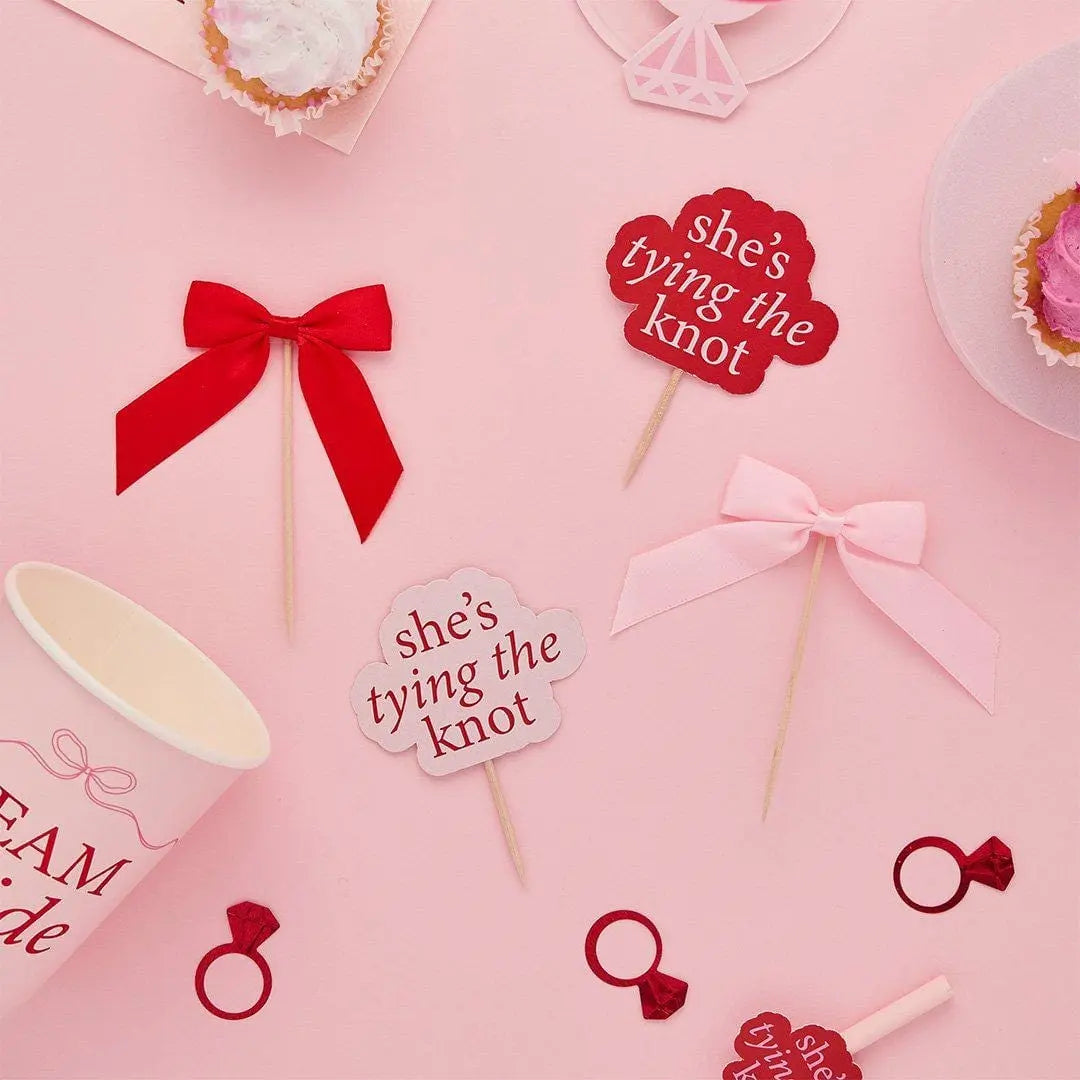 Pink & Red Bow Cupcake Toppers - She’s Tying The Knot Hen Party Food Picks - Coquette Hen Do Cake Decorations - Hootyballoo - Pack Of 12 - Jolie Fete UK