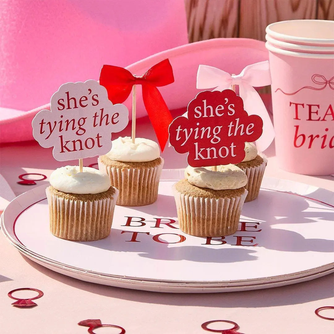 Pink & Red Bow Cupcake Toppers - She’s Tying The Knot Hen Party Food Picks - Coquette Hen Do Cake Decorations - Hootyballoo - Pack Of 12 - Jolie Fete UK