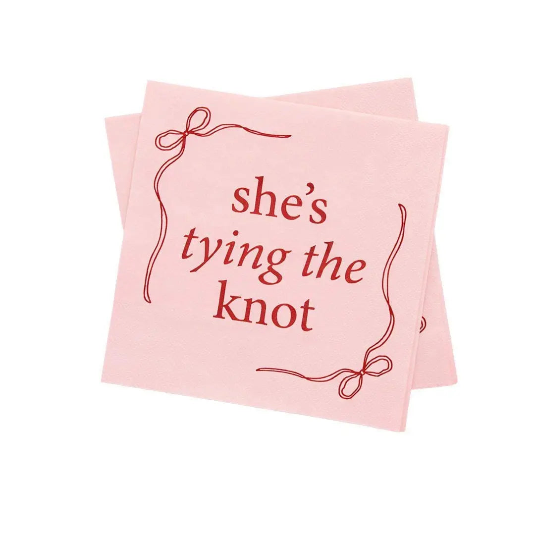 Hen Party Napkins - She’s Tying The Knot Bow Theme - Pink & Red Coquette Paper Napkins For Hen Do - Bridal Shower Tableware - Pack of 16 - Jolie Fete UK