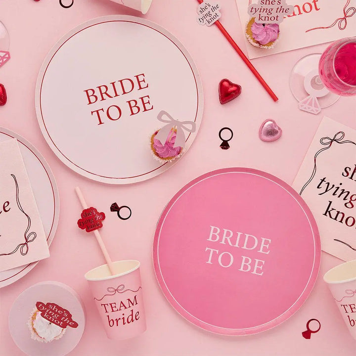 Hen Party Napkins - She’s Tying The Knot Bow Theme - Pink & Red Coquette Paper Napkins For Hen Do - Bridal Shower Tableware - Pack of 16 - Jolie Fete UK