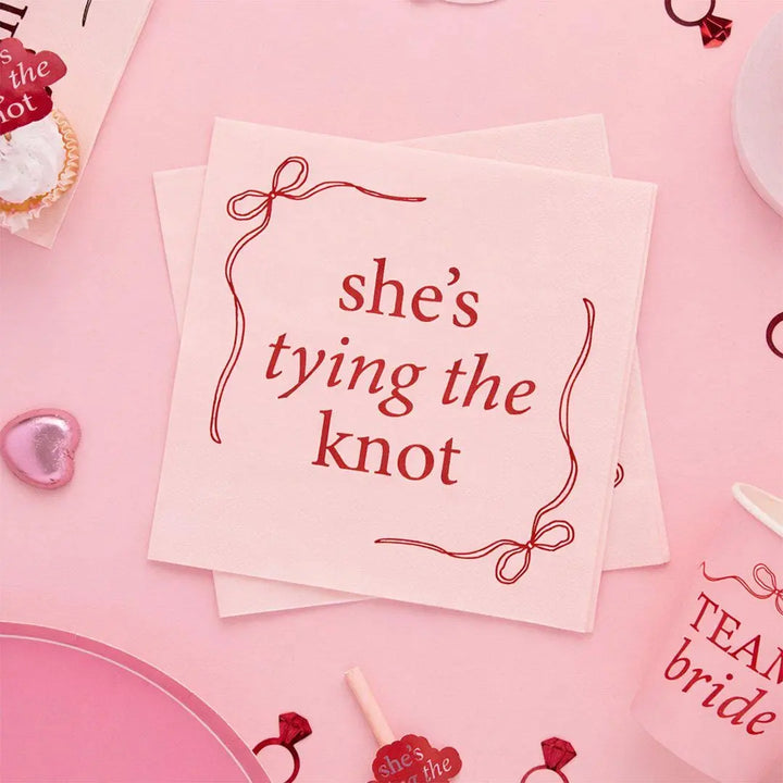 Hen Party Napkins - She’s Tying The Knot Bow Theme - Pink & Red Coquette Paper Napkins For Hen Do - Bridal Shower Tableware - Pack of 16 - Jolie Fete UK