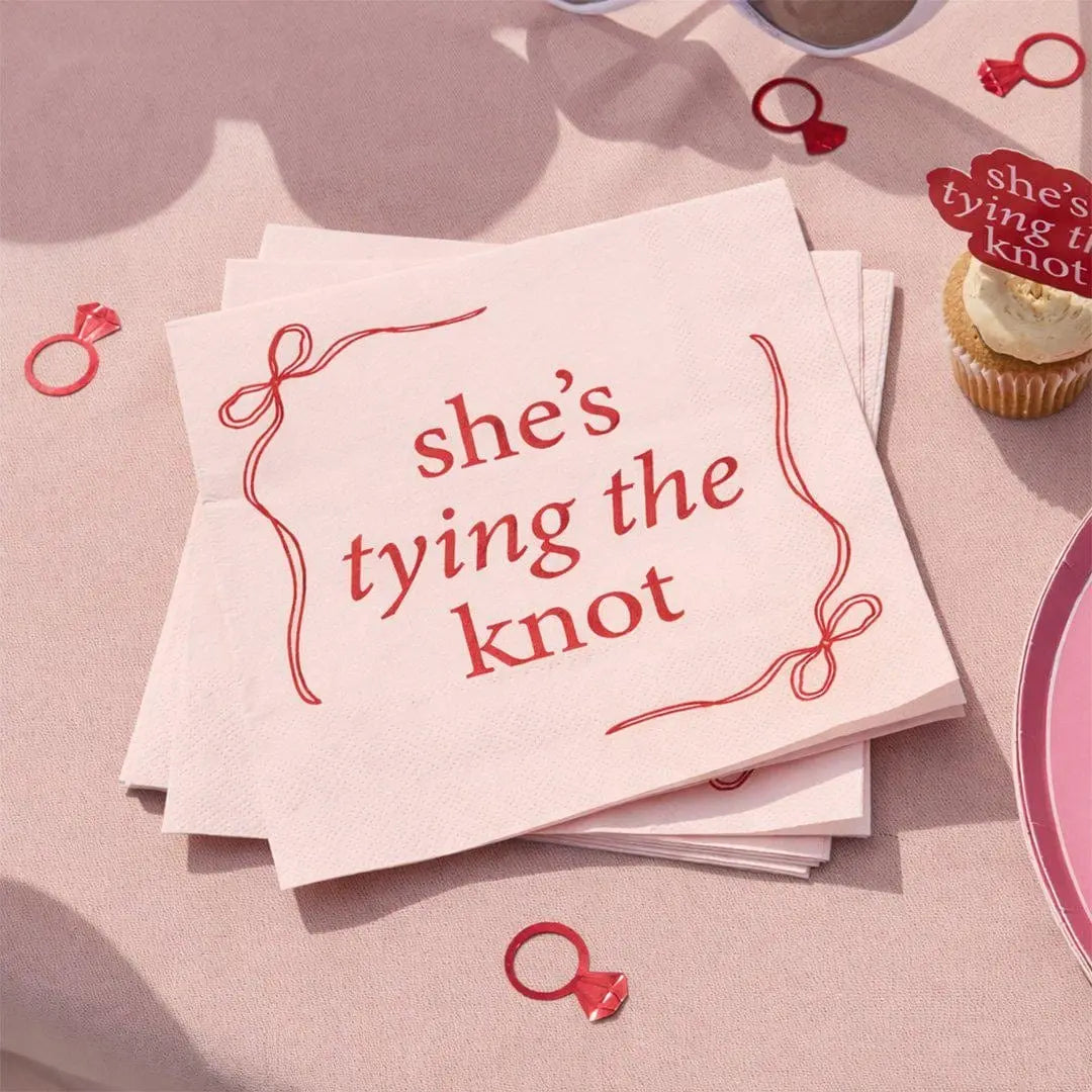 Hen Party Napkins - She’s Tying The Knot Bow Theme - Pink & Red Coquette Paper Napkins For Hen Do - Bridal Shower Tableware - Pack of 16 - Jolie Fete UK