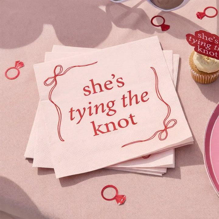 Hen Party Napkins - She’s Tying The Knot Bow Theme - Pink & Red Coquette Paper Napkins For Hen Do - Bridal Shower Tableware - Pack of 16 - Jolie Fete UK