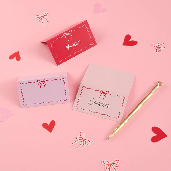 Pink & Red Bow Place Cards - Valentine’s Day Table Decor - Coquette Wedding Seating Cards - Galentine’s Party -Heart Theme Decor-Pack of 12 - Jolie Fete UK