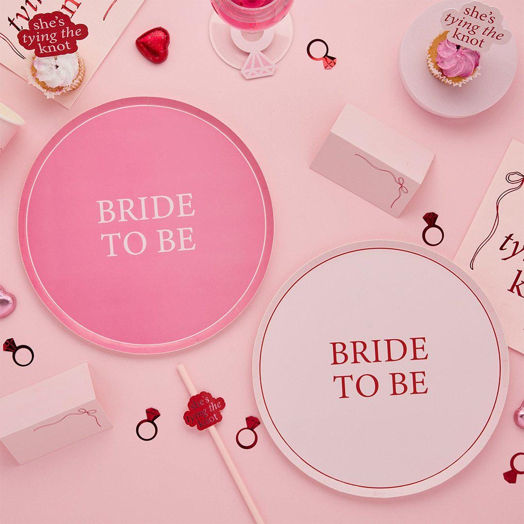 Pink & Red Bride To Be Paper Plates - She’s Tying The Knot Hen Party Theme - Coquette Hen Do - Two Designs-Bridal Shower Tableware-Pack of 8 - Jolie Fete UK