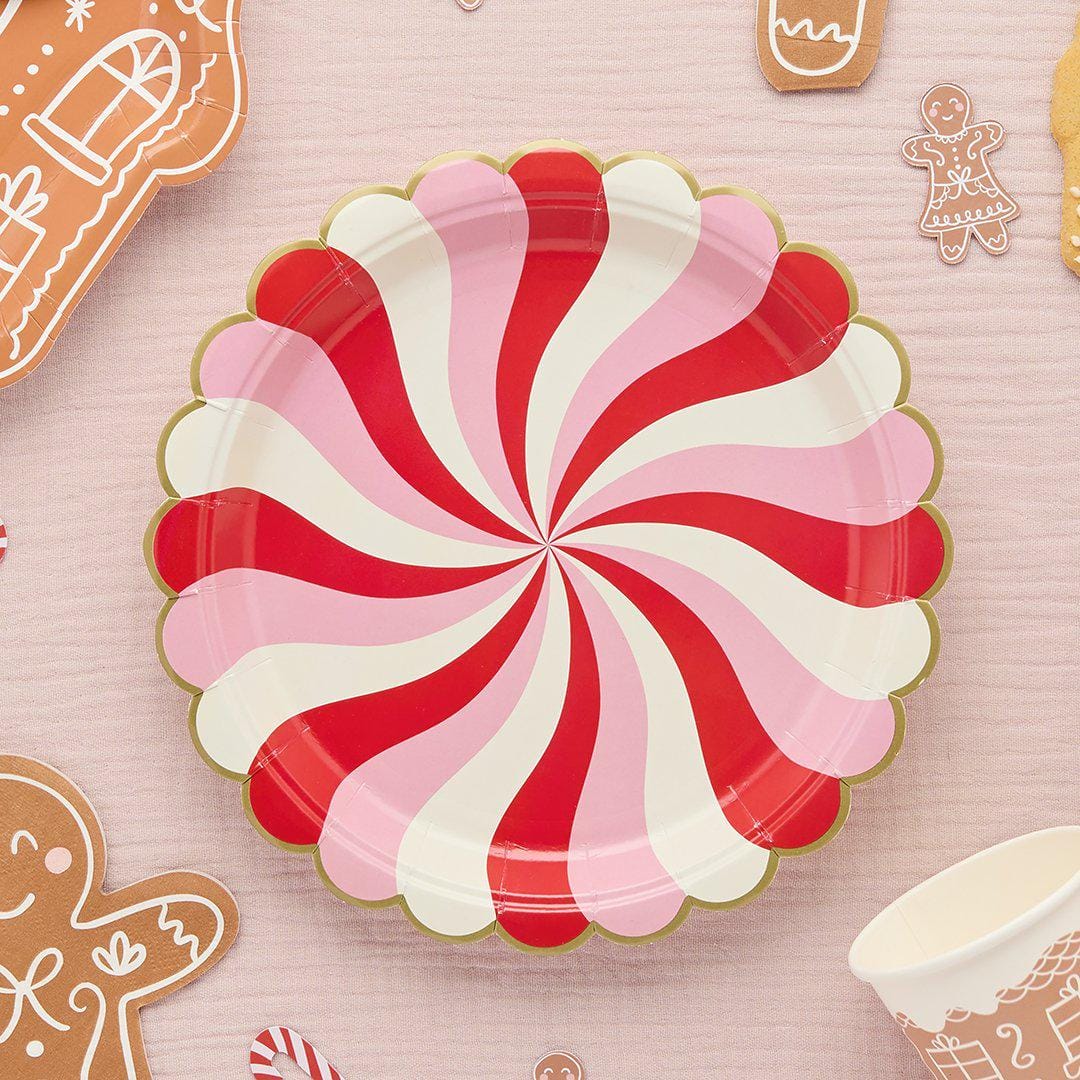 Pink & Red Paper Plates - Candy Cane Swirl Paper Party Plates - Christmas Decorations - Christmas Party - Pack Of 8 - Jolie Fete UK
