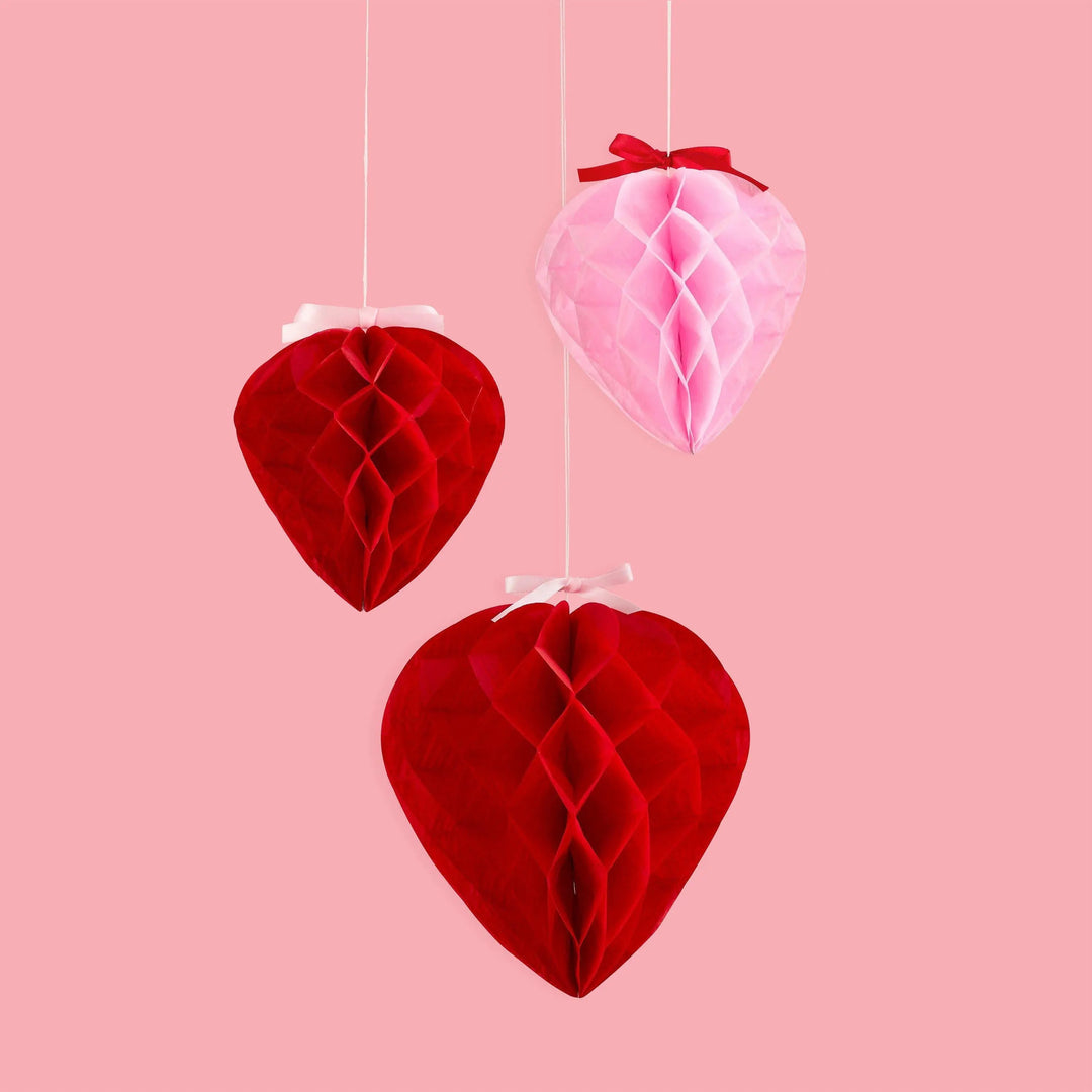 Pink & Red Heart Honeycombs With Satin Bows - Valentine’s Day Decor - Coquette Wedding - Galentine's Party - Pack Of 3 - Jolie Fete UK