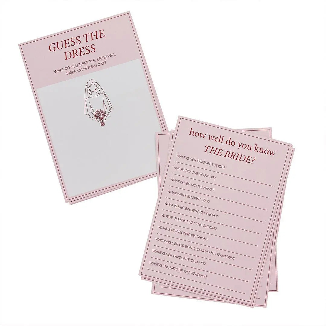 Hen Party Games - Pink & Red Activity Cards - Guess The Dress And How Well Do You Know The Bride Quiz - Bridal Shower Ideas - Pack of 12 - Jolie Fete UK