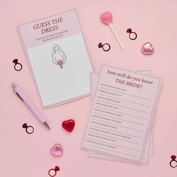 Hen Party Games - Pink & Red Activity Cards - Guess The Dress And How Well Do You Know The Bride Quiz - Bridal Shower Ideas - Pack of 12 - Jolie Fete UK