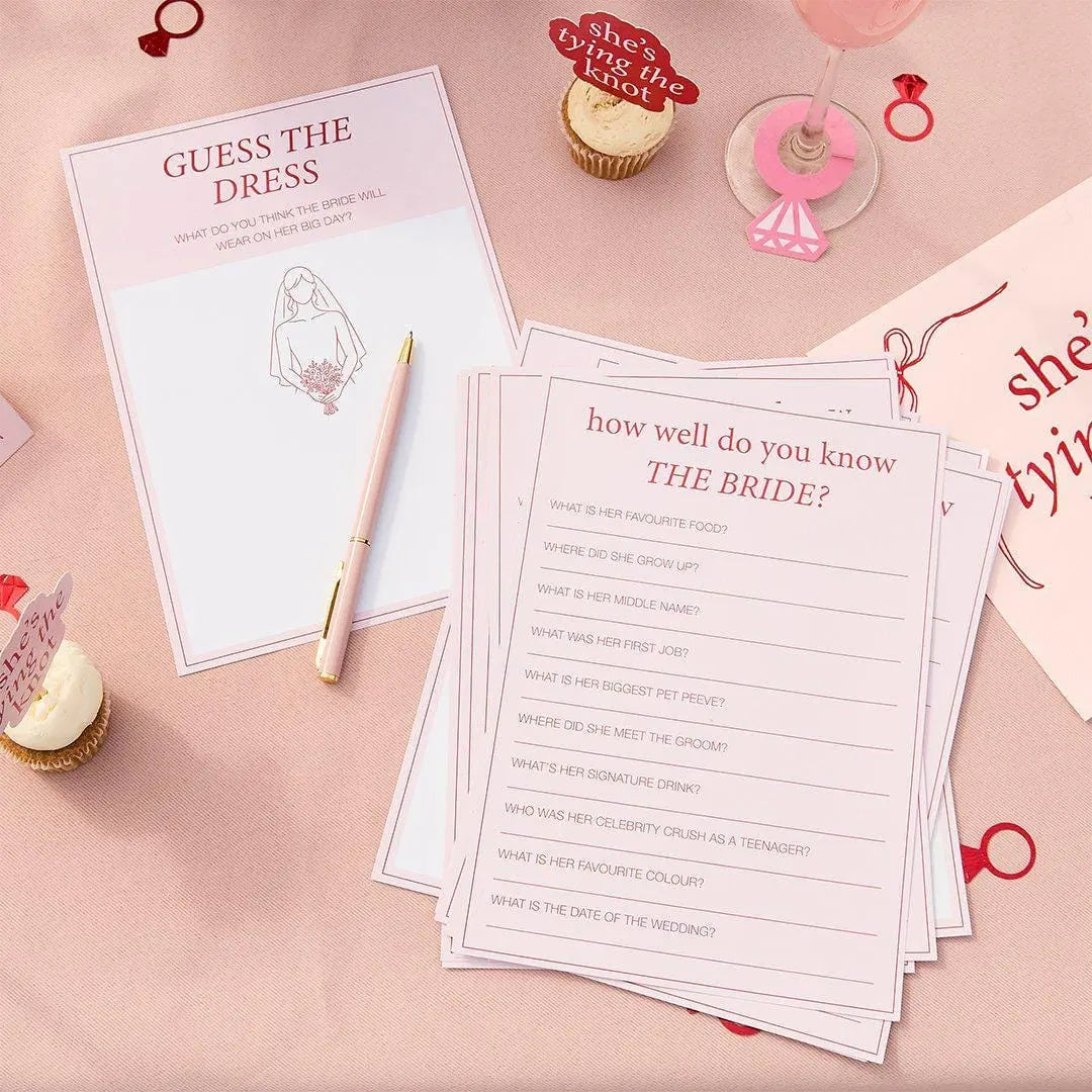 Hen Party Games - Pink & Red Activity Cards - Guess The Dress And How Well Do You Know The Bride Quiz - Bridal Shower Ideas - Pack of 12 - Jolie Fete UK