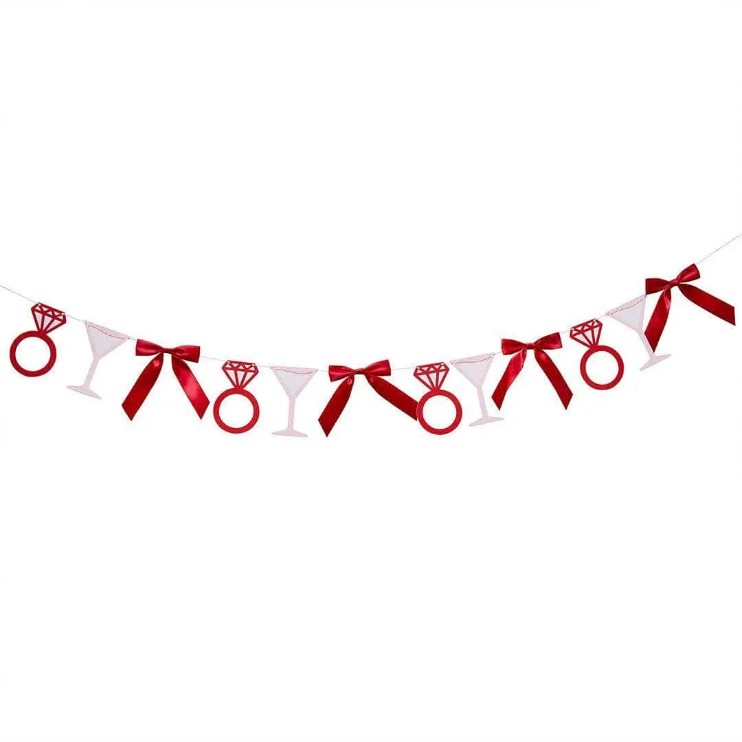 Pink & Red Hen Party Garland - She’s Tying The Knot Bow Bunting - Coquette Hen Do Backdrop with Cocktails, Rings And Satin Bows - 2m - Jolie Fete UK