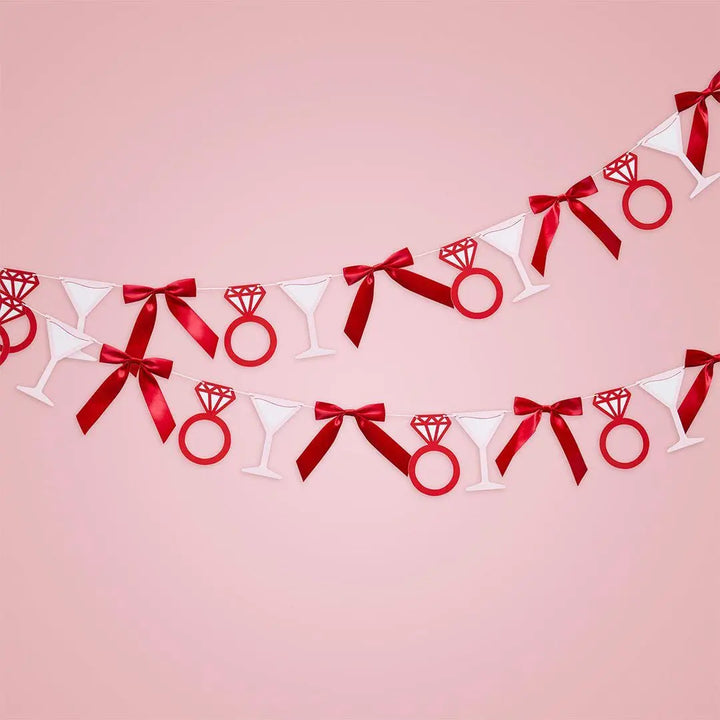 Pink & Red Hen Party Garland - She’s Tying The Knot Bow Bunting - Coquette Hen Do Backdrop with Cocktails, Rings And Satin Bows - 2m - Jolie Fete UK
