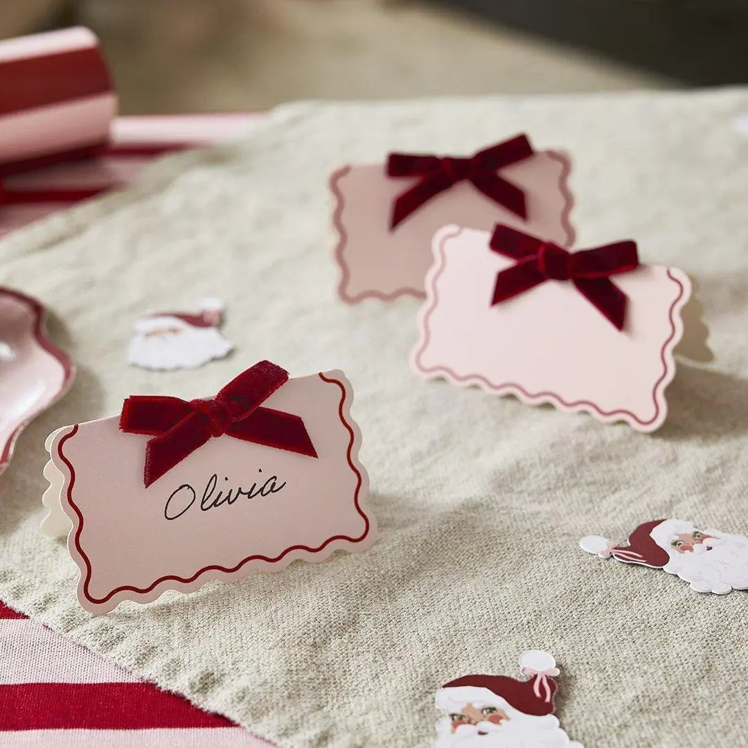 Pink & Red Place Cards With Red Velvet Bow - Dinner Table Decorations - Christmas Decorations - Holiday Decor - Pack Of 8 - Jolie Fete UK