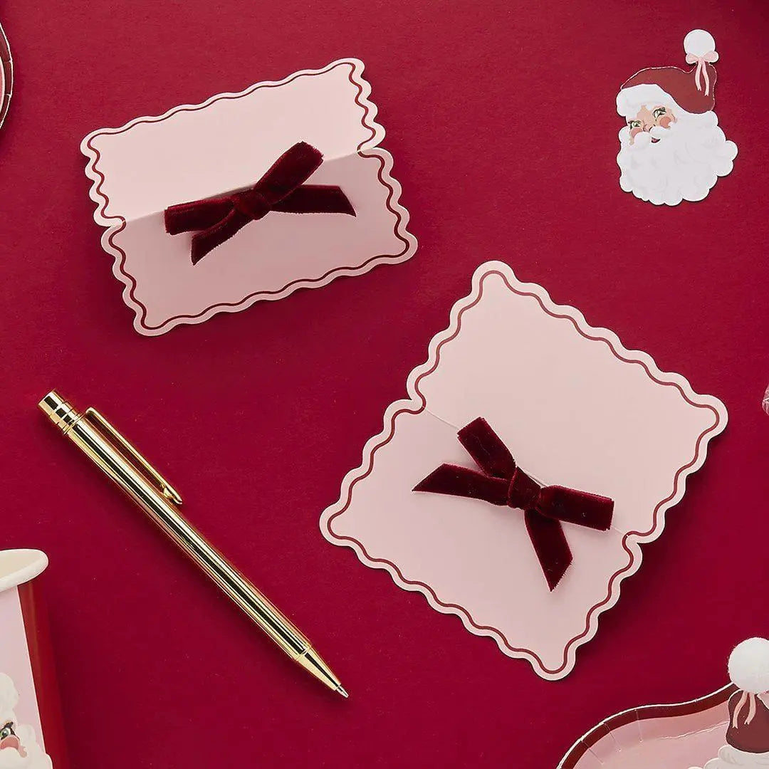Pink & Red Place Cards With Red Velvet Bow - Dinner Table Decorations - Christmas Decorations - Holiday Decor - Pack Of 8 - Jolie Fete UK