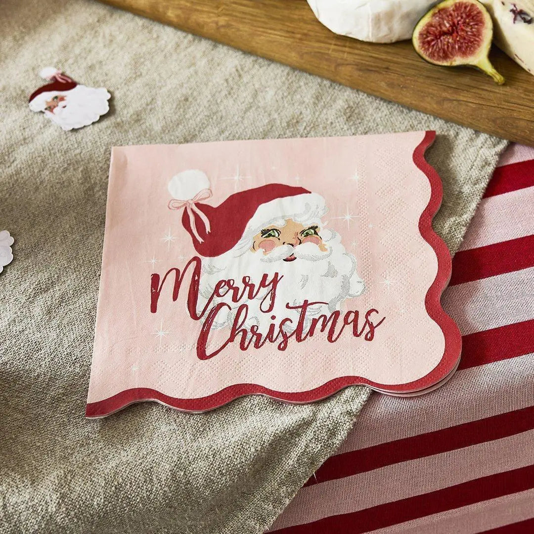Pink & Red Santa Paper Napkins - Merry Christmas Napkins - Vintage Christmas Party -Christmas Decorations - Retro Holiday Decor - Pack Of 16 - Jolie Fete UK