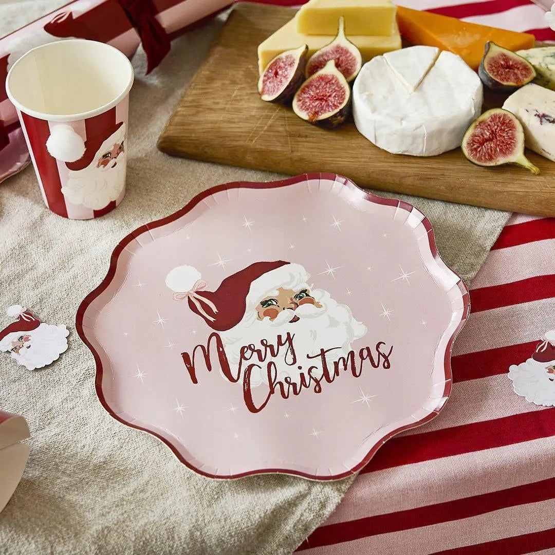 Pink & Red Santa Paper Plates - Merry Christmas Plates-Vintage Christmas Party Tableware-Christmas Decorations-Retro Holiday Decor-Pack Of 8 - Jolie Fete UK
