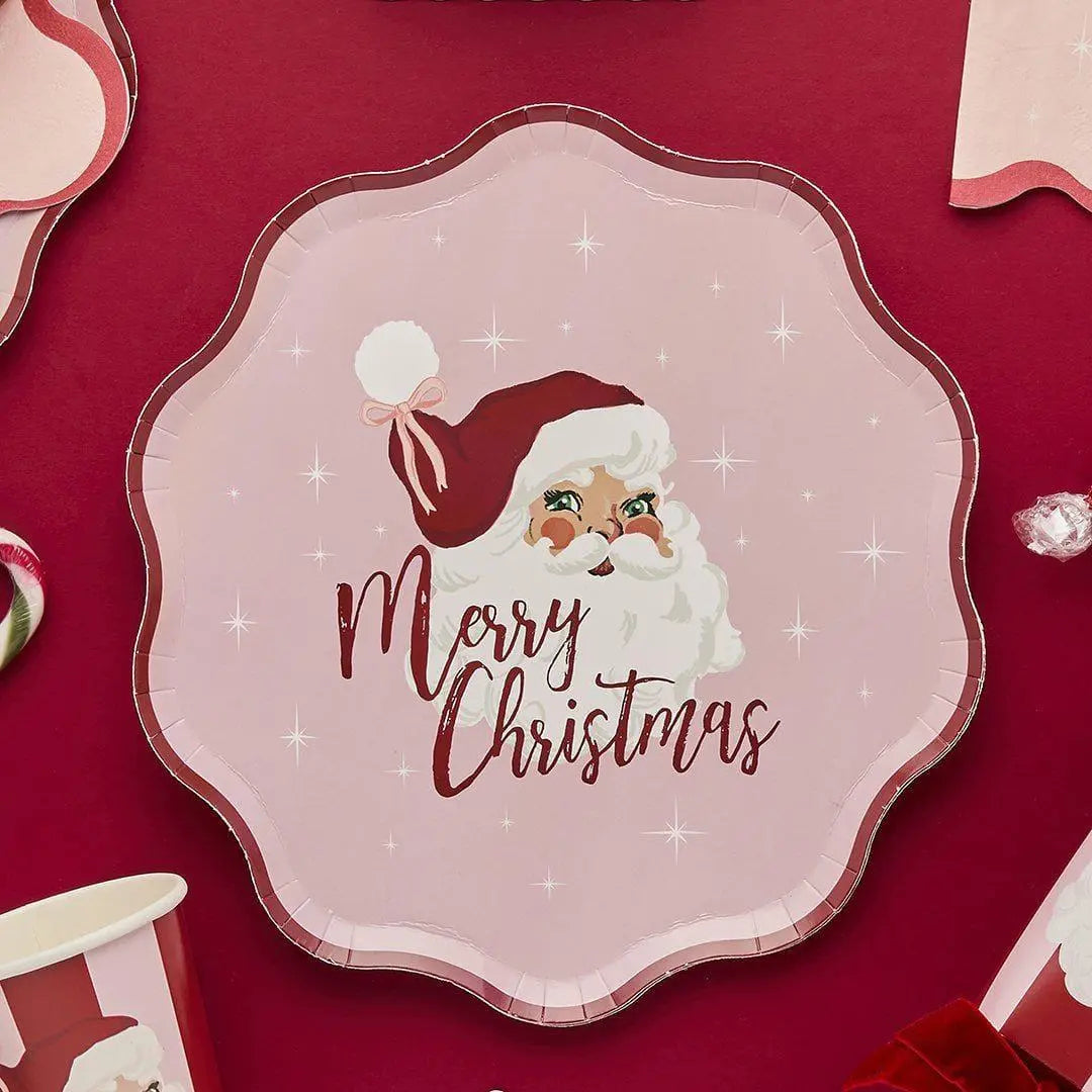 Pink & Red Santa Paper Plates - Merry Christmas Plates-Vintage Christmas Party Tableware-Christmas Decorations-Retro Holiday Decor-Pack Of 8 - Jolie Fete UK