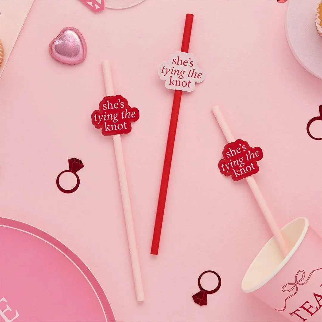 Pink & Red Hen Party Paper Straws - She’s Tying The Knot Decorations - Coquette Hen Do Straws - Two Mixed Designs - Hootyballoo - Pack Of 16 - Jolie Fete UK