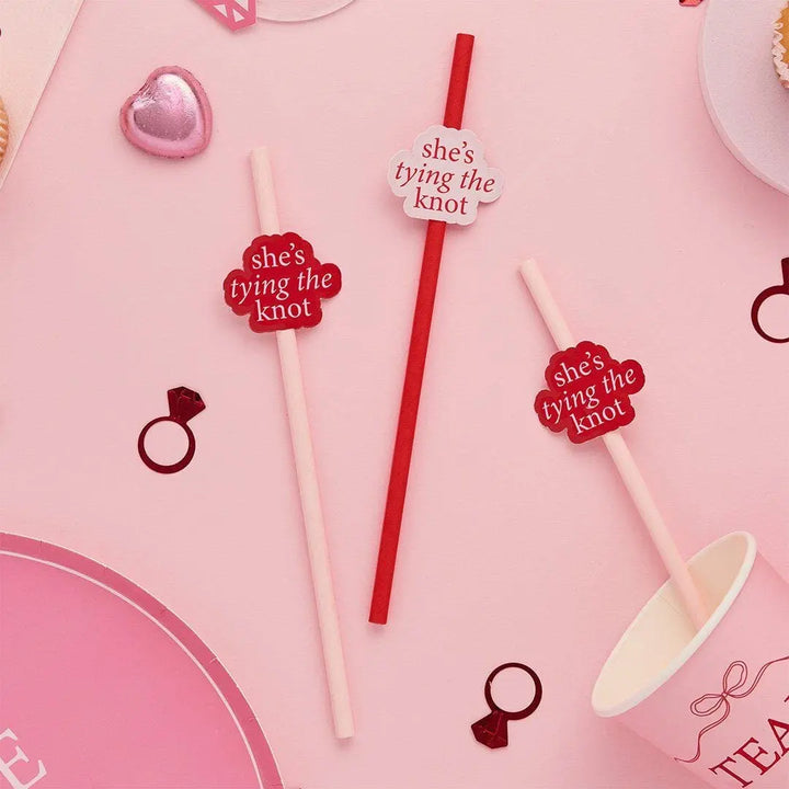 Pink & Red Hen Party Paper Straws - She’s Tying The Knot Decorations - Coquette Hen Do Straws - Two Mixed Designs - Hootyballoo - Pack Of 16 - Jolie Fete UK