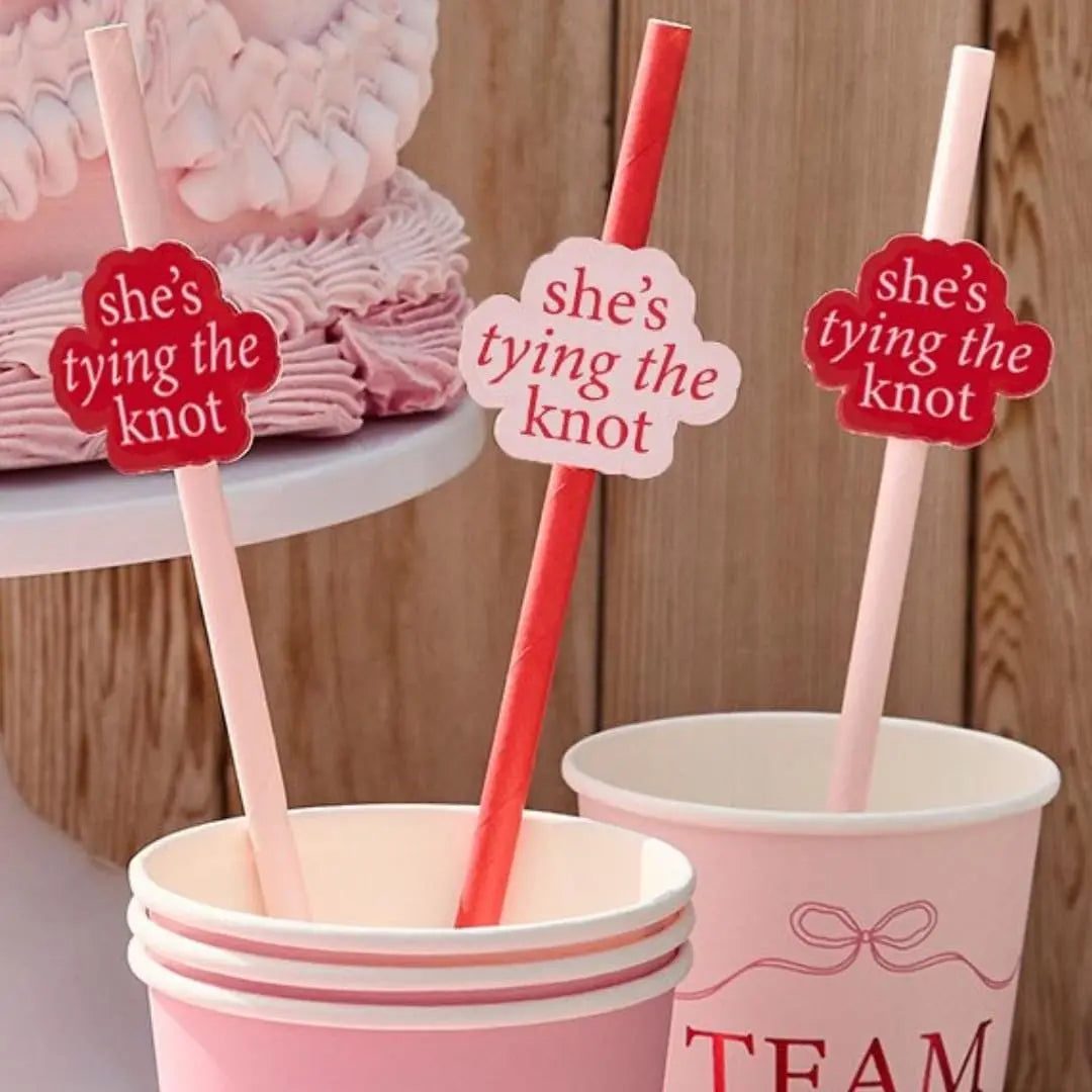 Pink & Red Hen Party Paper Straws - She’s Tying The Knot Decorations - Coquette Hen Do Straws - Two Mixed Designs - Hootyballoo - Pack Of 16 - Jolie Fete UK