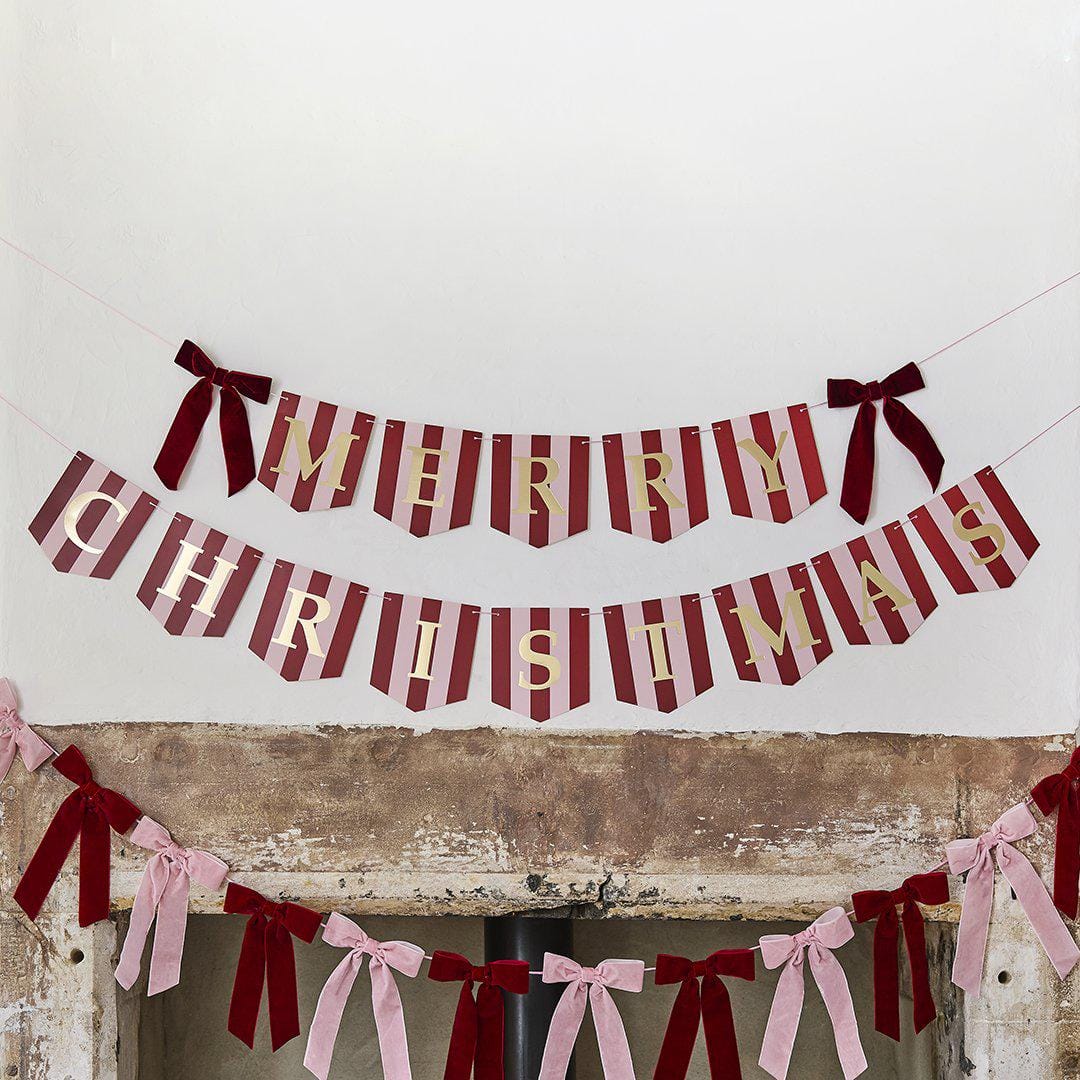 Merry Christmas Bunting - Pink & Red Stripe Christmas Garland With Red Velvet Bows - Christmas Decorations - Holiday Decor - Jolie Fete UK