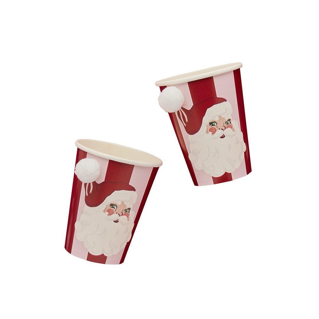 Pink & Red Santa Paper Cups - Christmas Cups With Pom Pops - Vintage Christmas Party -Christmas Decorations - Retro Holiday Decor -Pack Of 8 - Jolie Fete UK