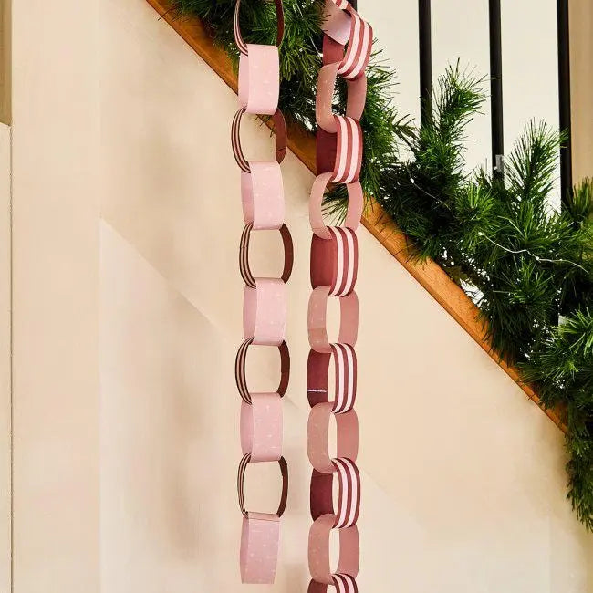 Pink & Red Striped Christmas Paper Chains - Pack of 48 - Festive Garland - Christmas Party Decoration - Retro Paper Chain Decor - DIY Xmas - Jolie Fete UK