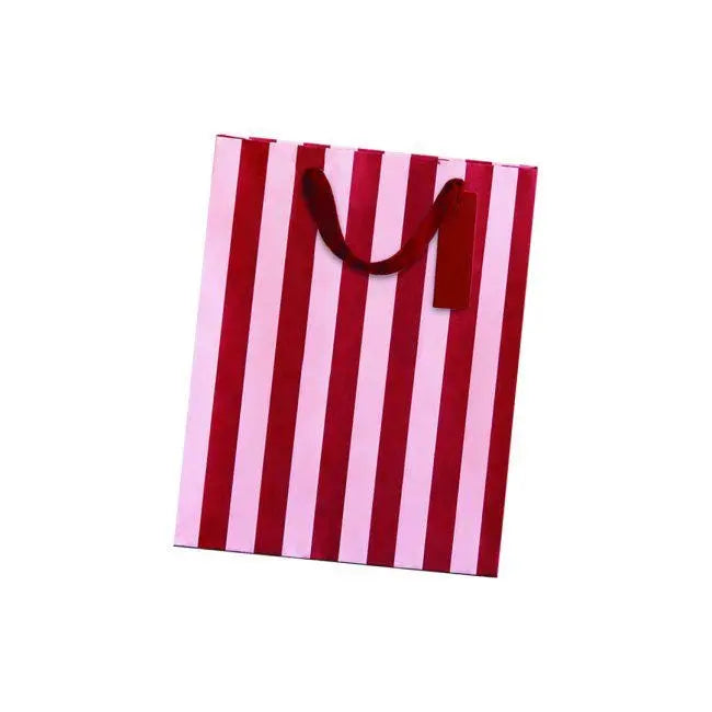 Pink & Red Striped Small Gift Bag - Ribbon Handle Christmas Gift Bag - Birthday Party Favour Bag - Present Wrap Bag - Gift Bag With Tag - Jolie Fete UK