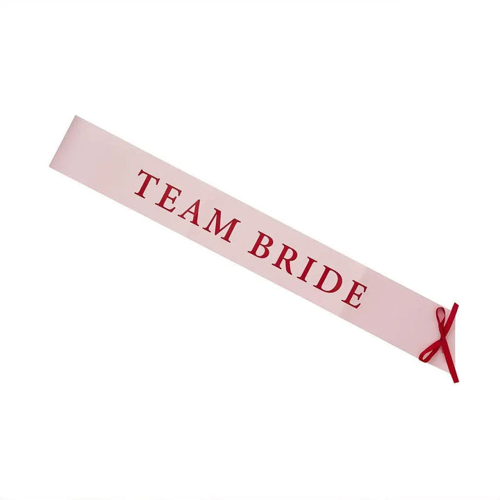 Pink & Red Team Bride Paper Sashes - She’s Tying The Knot Hen Party Accessories - Coquette Hen Do Sashes With Red Satin Ribbon - Pack of 5 - Jolie Fete UK