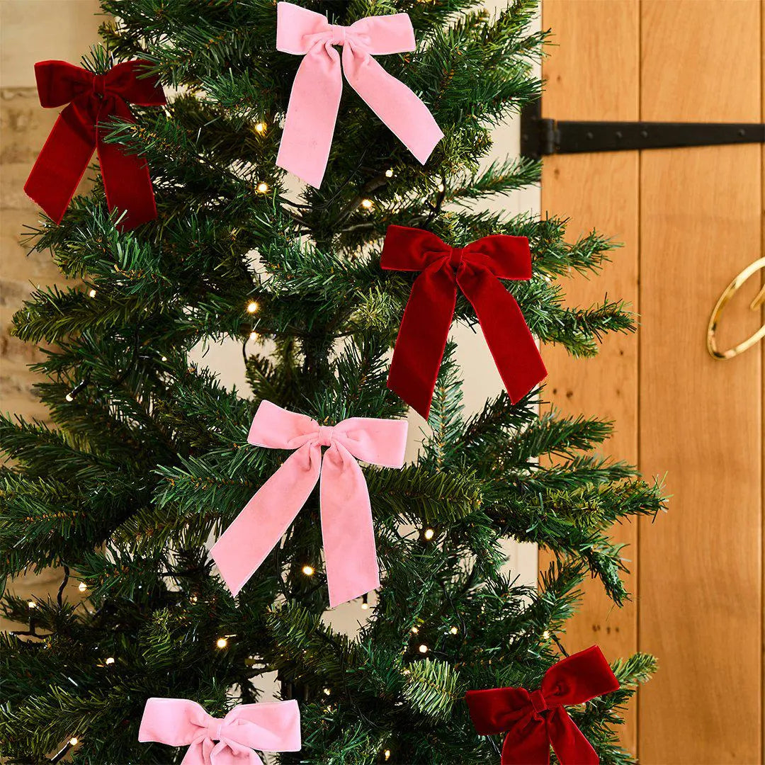 Pink & Red Velvet Bow Clip Christmas Tree Decorations - Xmas Bow Ornaments - Velvet Ribbon Tree Clips - Festive Home Decor - Pack of 6 - Jolie Fete UK