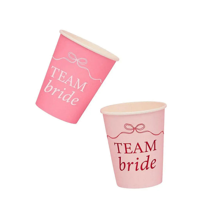 Pink & Red Team Bride Paper Cups - She’s Tying The Knot Bow Theme - Coquette Hen Do Cups - Two Mixed Designs - Hootyballoo - Pack Of 8 - Jolie Fete UK