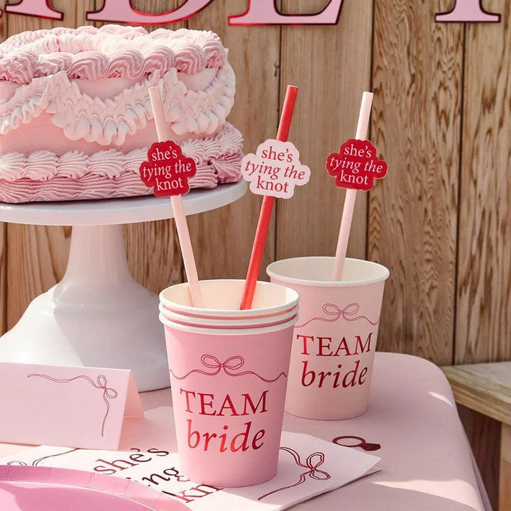 Pink & Red Team Bride Paper Cups - She’s Tying The Knot Bow Theme - Coquette Hen Do Cups - Two Mixed Designs - Hootyballoo - Pack Of 8 - Jolie Fete UK