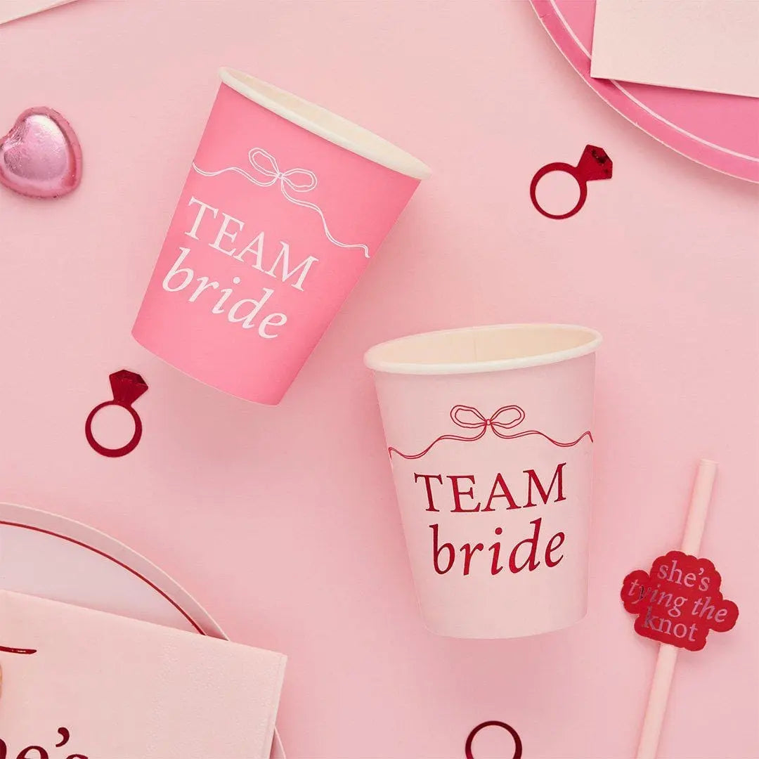 Pink & Red Team Bride Paper Cups - She’s Tying The Knot Bow Theme - Coquette Hen Do Cups - Two Mixed Designs - Hootyballoo - Pack Of 8 - Jolie Fete UK