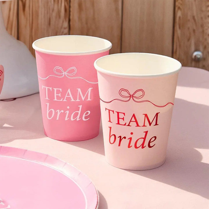 Pink & Red Team Bride Paper Cups - She’s Tying The Knot Bow Theme - Coquette Hen Do Cups - Two Mixed Designs - Hootyballoo - Pack Of 8 - Jolie Fete UK