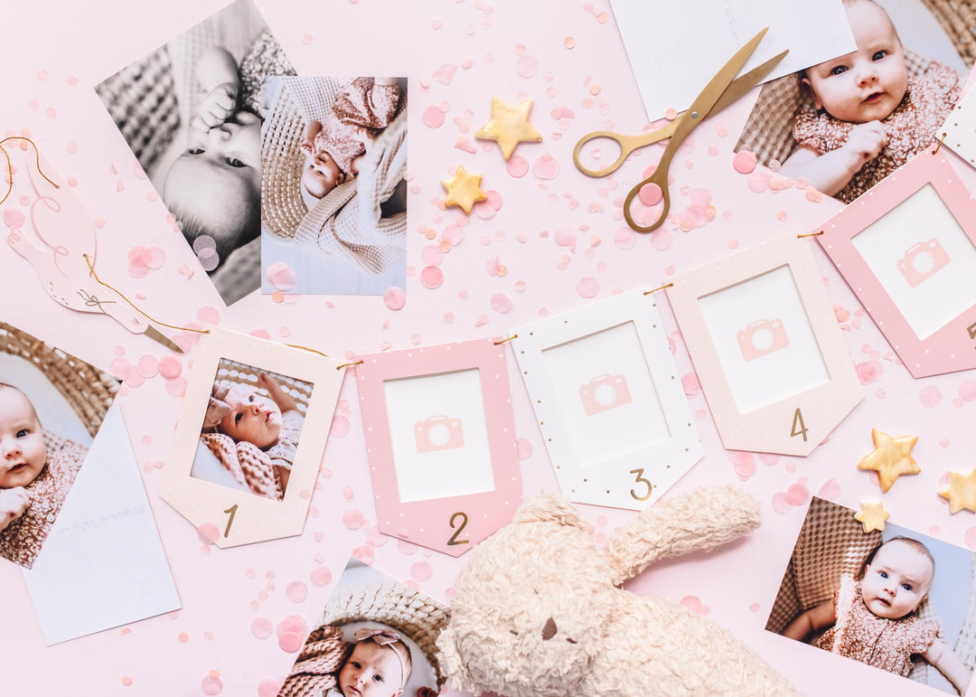 Pink & White Stork Picture Frame Garland - 12 Month Baby Milestone Banner - First Birthday Photo Display - New Baby Girl Nursery Decor - Jolie Fete UK