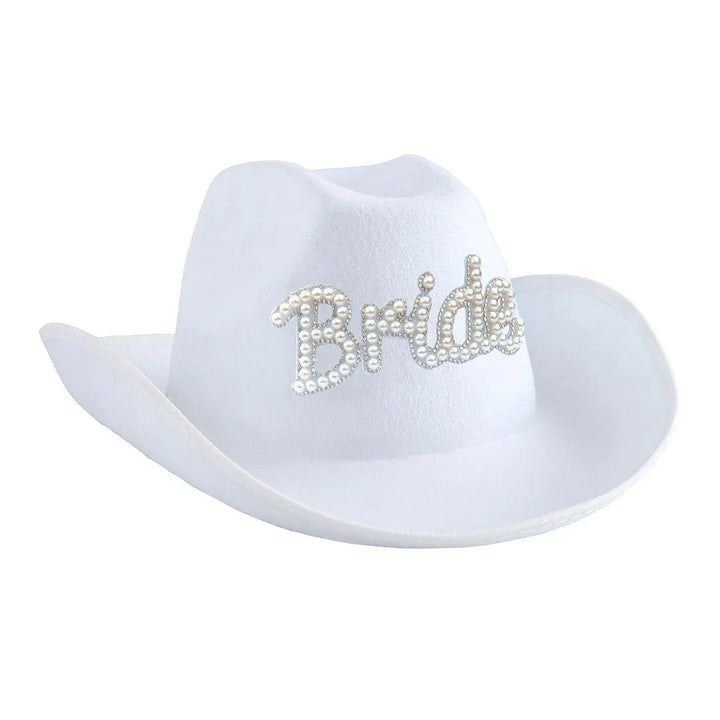 Bride Cowgirl Hat - White Pearl She’s Tying The Knot Hen Party Hat - Embellished Coastal Cowgirl Decor - Solid Bridal Rodeo Hat -Hootyballoo - Jolie Fete UK