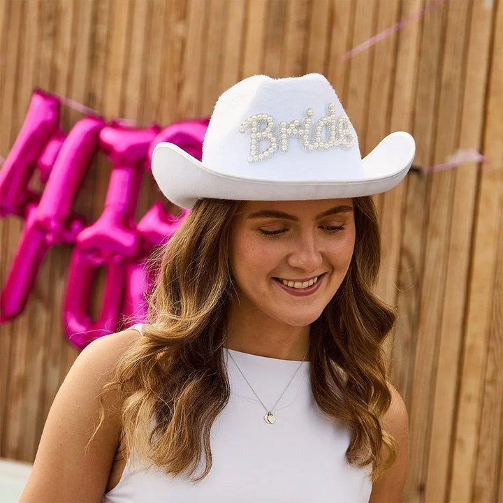Bride Cowgirl Hat - White Pearl She’s Tying The Knot Hen Party Hat - Embellished Coastal Cowgirl Decor - Solid Bridal Rodeo Hat -Hootyballoo - Jolie Fete UK