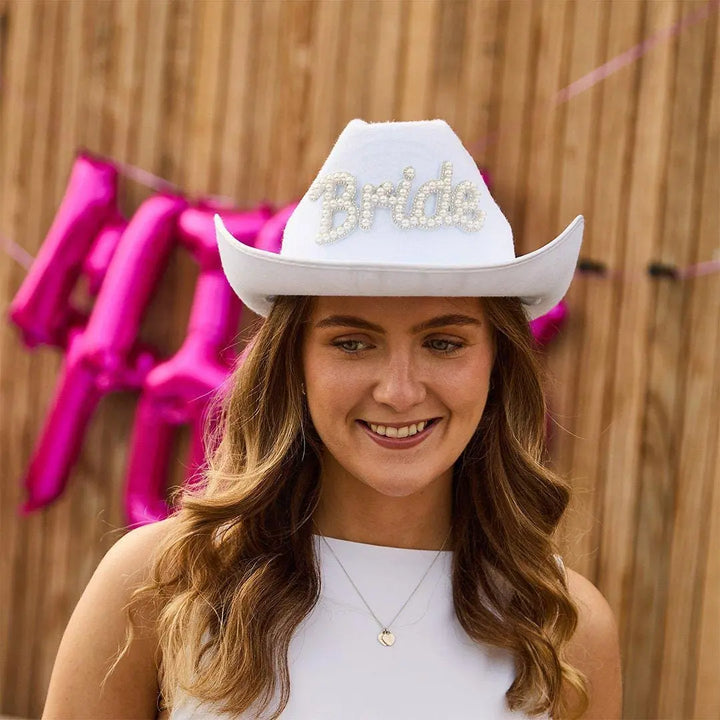 Bride Cowgirl Hat - White Pearl She’s Tying The Knot Hen Party Hat - Embellished Coastal Cowgirl Decor - Solid Bridal Rodeo Hat -Hootyballoo - Jolie Fete UK