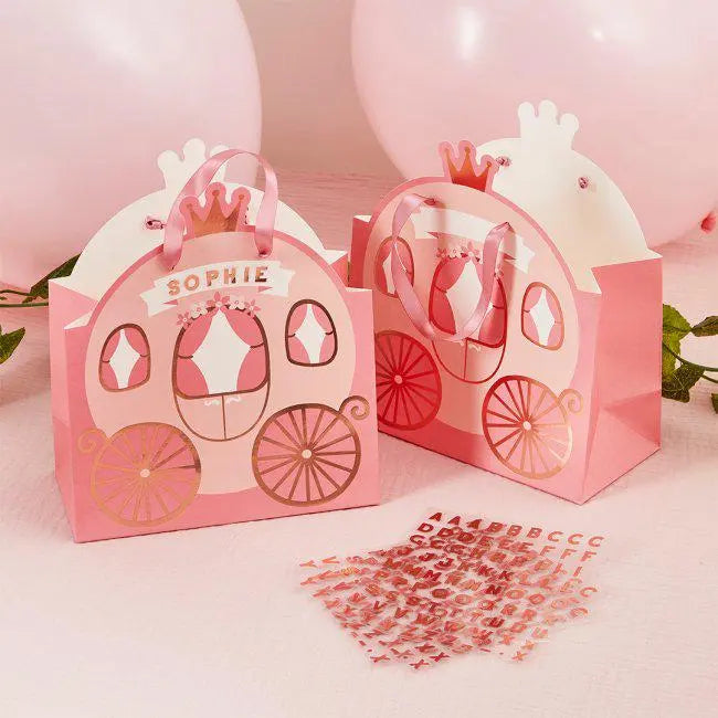 Princess Carriage Party Bags - Personalised Favour Bags - Little Princess Birthday - Customisable Gift Bags with Name Stickers - Pack of 4 - Jolie Fete UK