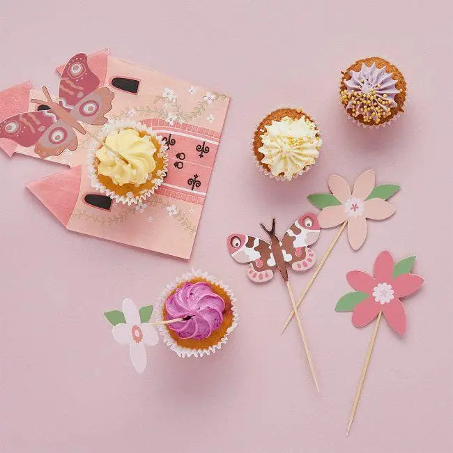 Princess Party Cake Toppers - Flower & Butterfly Food Picks - Cupcake Decorations - Fairy Garden Party Supplies - Pack of 12 - Jolie Fete UK