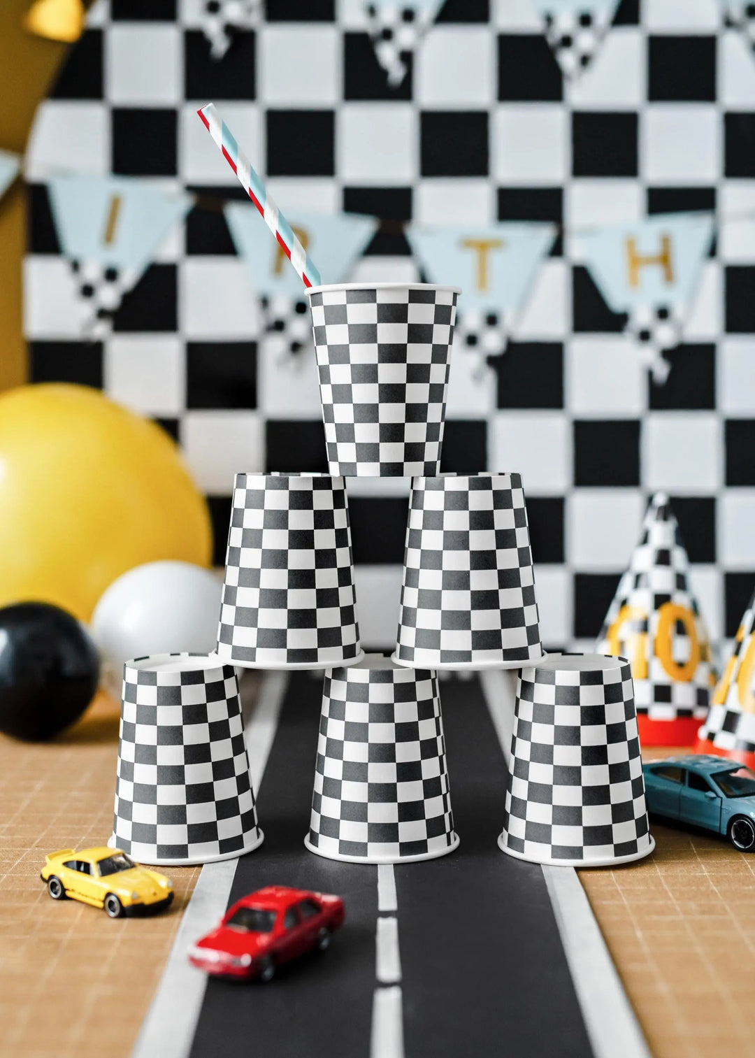 Racing Car Cups - Checkered Flag Paper Party Cups - Racing Car Party - F1 Theme - Kids Birthday Party Supplies - Pack Of 6 - Jolie Fete UK
