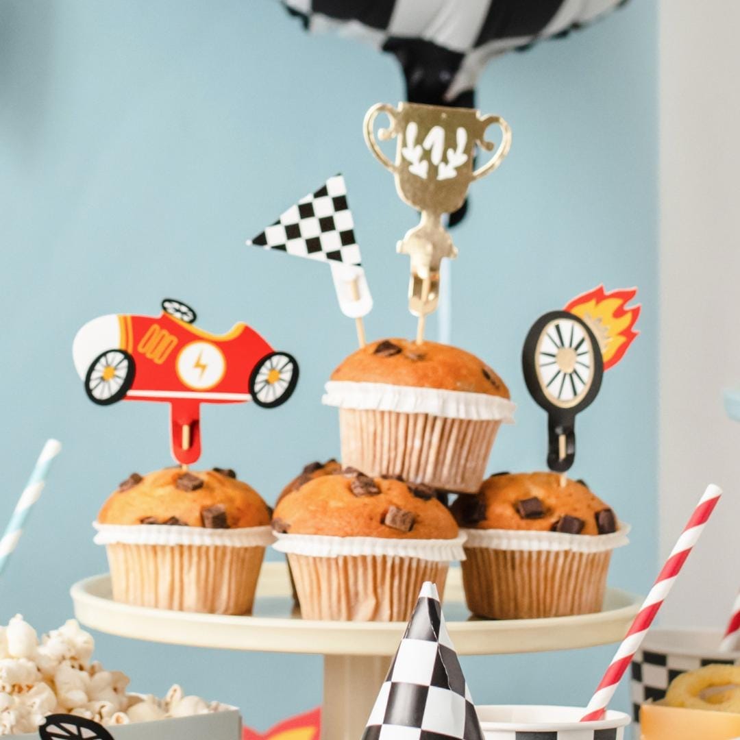 Racing Car Cupcake Toppers - Checkered Flag Cat Topper - Racing Car Party - F1 Theme - Kids Birthday Party Supplies - Pack Of 4 - Jolie Fete UK