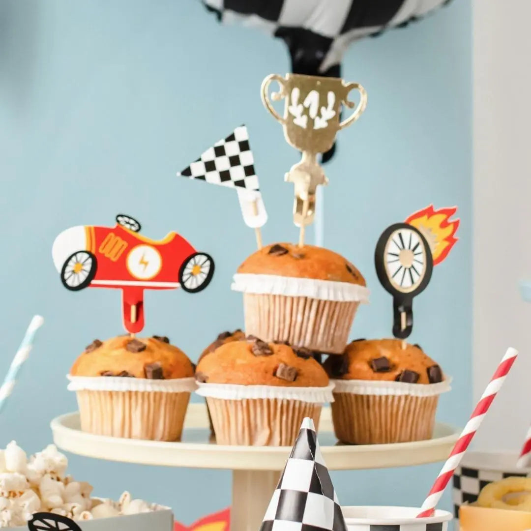 Racing Car Cupcake Toppers - Checkered Flag Cat Topper - Racing Car Party - F1 Theme - Kids Birthday Party Supplies - Pack Of 4 - Jolie Fete UK