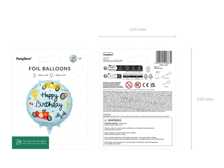 Happy Birthday Foil Balloon - Racing Car Party Balloon - Formula 1 Party - Light Blue Vintage Race Car Decor - Helium Or Air Inflation - 18" - Jolie Fete UK