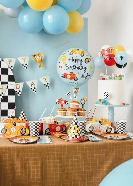 Happy Birthday Foil Balloon - Racing Car Party Balloon - Formula 1 Party - Light Blue Vintage Race Car Decor - Helium Or Air Inflation - 18" - Jolie Fete UK