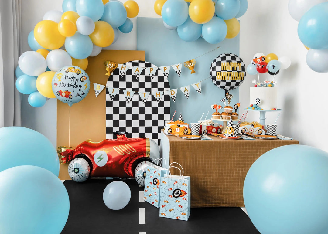 Happy Birthday Foil Balloon - Racing Car Party Balloon - Formula 1 Party - Light Blue Vintage Race Car Decor - Helium Or Air Inflation - 18" - Jolie Fete UK
