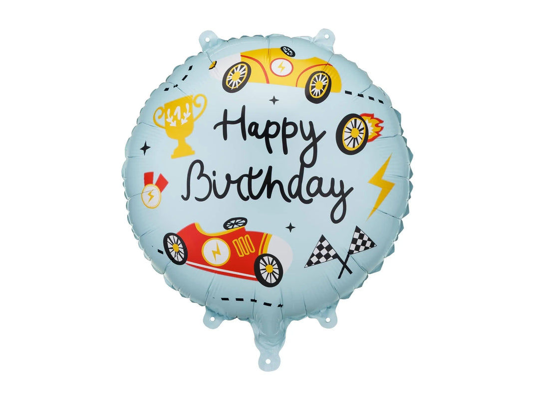 Happy Birthday Foil Balloon - Racing Car Party Balloon - Formula 1 Party - Light Blue Vintage Race Car Decor - Helium Or Air Inflation - 18" - Jolie Fete UK