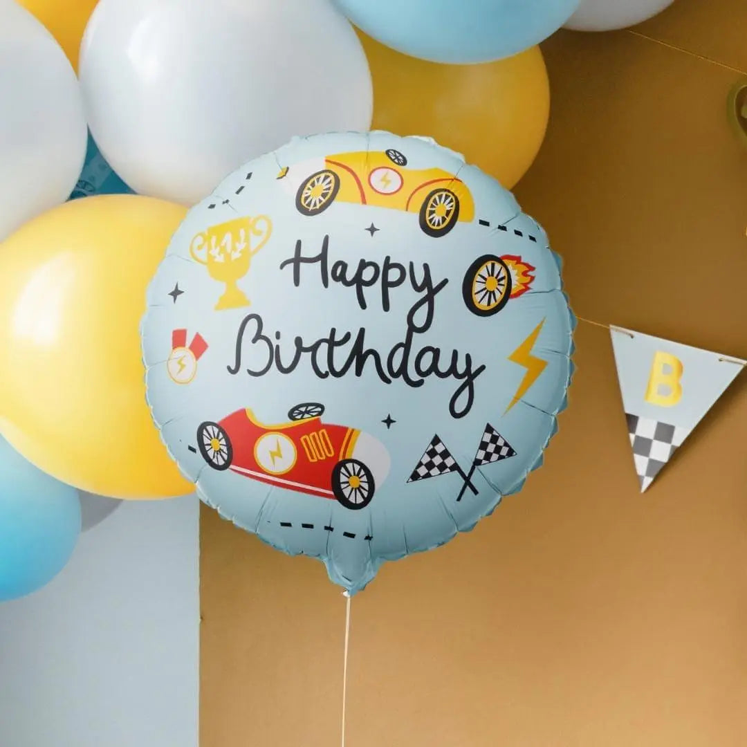 Happy Birthday Foil Balloon - Racing Car Party Balloon - Formula 1 Party - Light Blue Vintage Race Car Decor - Helium Or Air Inflation - 18" - Jolie Fete UK